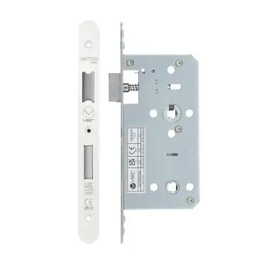 Click Here To Enlarge This Photo Of VDL7855-R-PCW - Zoo Hardware Vier DIN Bathroom Lock 55mm Backset &lpar;78mm Centres&rpar; with 2pc Radius Forend - Powder Coated White Finish