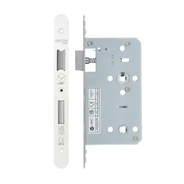 Click Here To Enlarge This Photo Of VDL7860-R-PCW - Zoo Hardware Vier DIN Bathroom Lock 60mm Backset &lpar;78mm Centres&rpar; with 2pc Radius Forend - Powder Coated White Finish