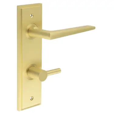 Click Here To Enlarge This Photo Of BUR-10SB-456SB-82SB Frelan Hardware Burlington 'Mayfair' Door Handles on 78mm DIN Bathroom Backplate with Satin Brass Easy Turn & Release
