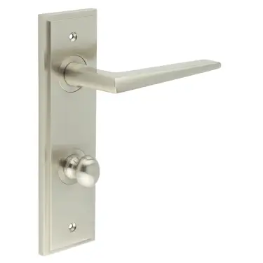 Click Here To Enlarge This Photo Of BUR-10SN-456SN-80SN Frelan Hardware Burlington 'Mayfair' Door Handles on 78mm DIN Bathroom Backplate with Satin Nickel Turn & Release &lpar;Inner 1&rpar;