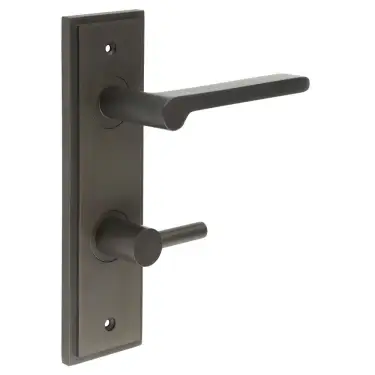 Click Here To Enlarge This Photo Of BUR-15DB-456DB-82DB Frelan Hardware Burlington 'Fitzrovia' Door Handles on 78mm DIN Bathroom Backplate with Dark Bronze Easy Turn & Release