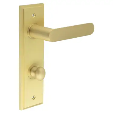 Click Here To Enlarge This Photo Of BUR-25SB-456SB-80SB Frelan Hardware Burlington 'Kensington' Door Handles on 78mm DIN Bathroom Backplate with Satin Brass Turn & Release &lpar;Inner 1&rpar;