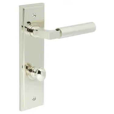 Click Here To Enlarge This Photo Of BUR-30PN-456PN-80PN Frelan Hardware Burlington 'Westminster' Door Handles on 78mm DIN Bathroom Backplate with Polished Nickel Turn & Release &lpar;Inner 1&rpar;