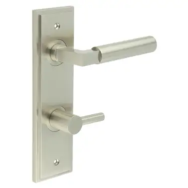 Click Here To Enlarge This Photo Of BUR-30SN-456SN-82SN Frelan Hardware Burlington 'Westminster' Door Handles on 78mm DIN Bathroom Backplate with Satin Nickel Easy Turn & Release