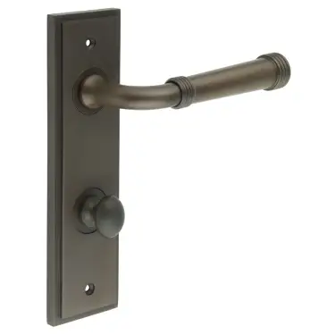 Click Here To Enlarge This Photo Of BUR-35DB-456DB-80DB Frelan Hardware Burlington 'Highgate' Door Handles on 78mm DIN Bathroom Backplate with Dark Bronze Turn & Release &lpar;Inner 1&rpar;