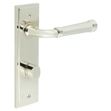 Click Here To Enlarge This Photo Of BUR-35PN-456PN-81PN Frelan Hardware Burlington 'Highgate' Door Handles on 78mm DIN Bathroom Backplate with Polished Nickel Turn & Release &lpar;Inner 3&rpar;