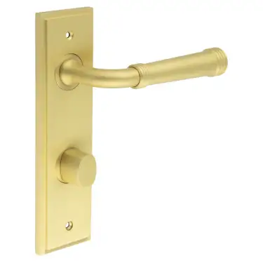 Click Here To Enlarge This Photo Of BUR-35SB-456SB-81SB Frelan Hardware Burlington 'Highgate' Door Handles on 78mm DIN Bathroom Backplate with Satin Brass Turn & Release &lpar;Inner 3&rpar;