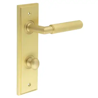 Click Here To Enlarge This Photo Of BUR-40SB-456SB-80SB Frelan Hardware Burlington 'Piccadilly' Door Handles Bathroom 78mm DIN Backplate with Satin Brass Turn & Release &lpar;Inner 1&rpar;