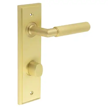 Click Here To Enlarge This Photo Of BUR-40SB-456SB-81SB Frelan Hardware Burlington 'Piccadilly' Door Handles Bathroom 78mm DIN Backplate with Satin Brass Turn & Release &lpar;Inner 3&rpar;