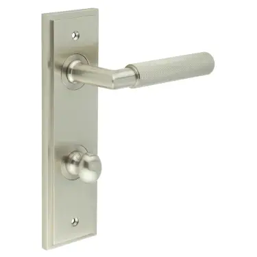 Click Here To Enlarge This Photo Of BUR-40SN-456SN-80SN Frelan Hardware Burlington 'Piccadilly' Door Handles on 78mm DIN Bathroom Backplate with Satin Nickel Turn & Release &lpar;Inner 1&rpar;