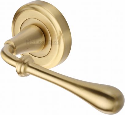 Click Here To Enlarge This Photo Of V7155-SB Heritage Brass Door Handle Lever Latch on Round Rose Roma Design Satin Brass Finish