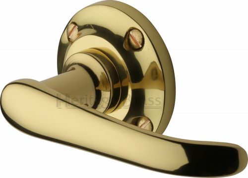 Click Here To Enlarge This Photo Of V720-PB Heritage Brass Door Handle Lever Latch on Round Rose Windsor Design Polished Brass Finish