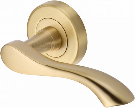 Click Here To Enlarge This Photo Of V7210-SB Heritage Brass Door Handle Lever Latch on Round Rose Algarve Design Satin Brass Finish