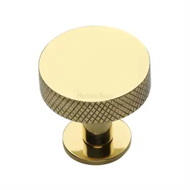 Click Here To Enlarge This Photo Of C3882 32-PB Heritage Brass Cabinet Knob Knurled Disc Design with Rose 32mm Polished Brass finish