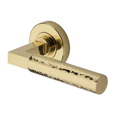 Click Here To Enlarge This Photo Of HAM2259-PB Heritage Brass Door Handle Lever on Rose Hammered Bauhaus Design Polished Brass Finish