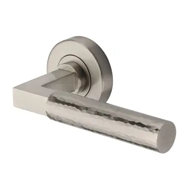 Click Here To Enlarge This Photo Of HAM2259-SN Heritage Brass Door Handle Lever on Rose Hammered Bauhaus Design Satin Nickel Finish