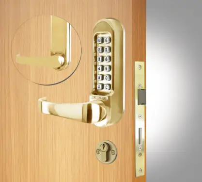 Click Here To Enlarge This Photo Of Codelocks CL525 PB Heavy Duty Mechanical Digital Lock with Anti-Panic Mortice Lock & Code Free Option - Polished Brass