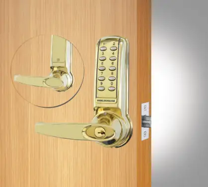 Click Here To Enlarge This Photo Of Codelocks CL4010 PB Medium Duty Electronic Digital Lock with 60mm Tubular Latch&comma; Key Override & Code Free Option - Polished Brass