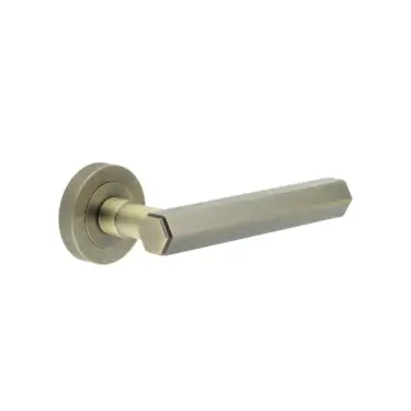 Click Here To Enlarge This Photo Of JV849AB Frelan Hardware Jedo 'Hex' Lever Handles on Round Rose - Antique Brass