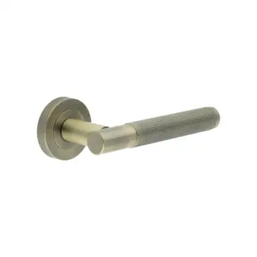 Click Here To Enlarge This Photo Of JV852AB Frelan Hardware Jedo 'Venice' Lever Handles on Round Rose - Antique Brass