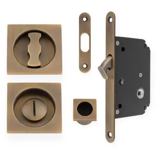 AW111RAB - Alexander & Wilks Radius Sliding Door Lock Set &lpar;Square Roses&rpar;  - Antique Brass