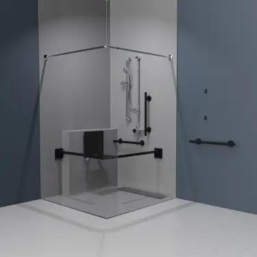 Click Here To Enlarge This Photo Of 321105&sol;MB Fitzroy of London Luxury Exposed Valve Doc M Shower Pack &lpar;Stainless Steel&rpar; with Concealed Fixings & Slimline Shower Seat -  Matt Black &lpar;RAL 9005&rpar;