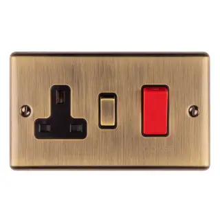 EN45ASWASABB - Eurolite 45Amp DP Cooker Switch with 13Amp Socket Antique Brass with Black Trim &lpar;Enhance Range&rpar;