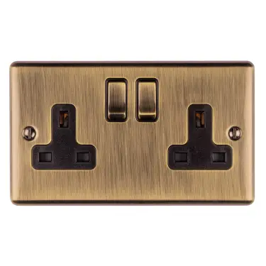 Click Here To Enlarge This Photo Of EN2SOABB - Eurolite 2 Gang 13Amp DP Switched Socket Antique Brass with Black Trim &lpar;Enhance Range&rpar;