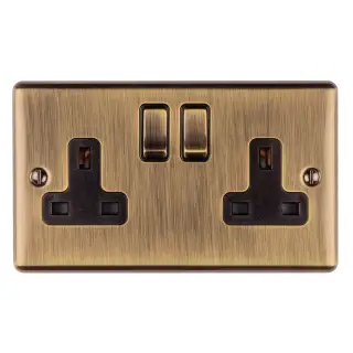 EN2SOABB - Eurolite 2 Gang 13Amp DP Switched Socket Antique Brass with Black Trim &lpar;Enhance Range&rpar;