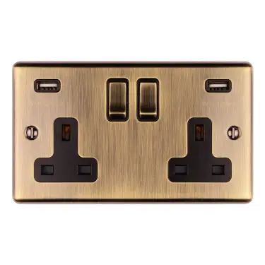 Click Here To Enlarge This Photo Of EN2USBABB - Eurolite 2 Gang 13Amp Switched Socket with Comb 3&period;1 Amp USB Outlets Antique Brass with Black Trim &lpar;Enhance Range&rpar;