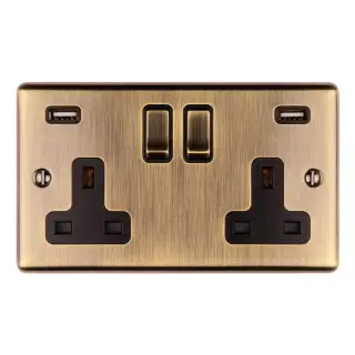 EN2USBABB - Eurolite 2 Gang 13Amp Switched Socket with Comb 3&period;1 Amp USB Outlets Antique Brass with Black Trim &lpar;Enhance Range&rpar;