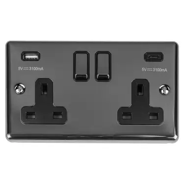 Click Here To Enlarge This Photo Of EN2USBCBNB - Eurolite 2 Gang 13Amp Switched Socket with 3&period;1Amp USB Outlets &lpar;1x Type A &plus; 1x Type C&rpar; Black Nickel with Black Trim &lpar;Enhance Range&rpar;