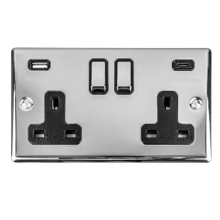 EN2USBCPCB - Eurolite 2 Gang 13Amp Switched Socket with 3&period;1Amp USB Outlets &lpar;1x Type A &plus; 1x Type C&rpar; Polished Chrome with Black Trim &lpar;Enhance Range&rpar;