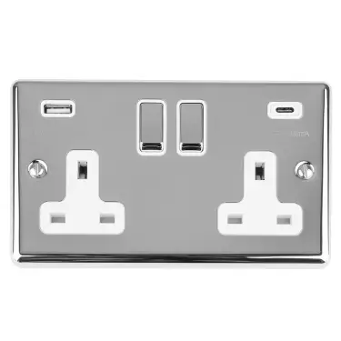 Click Here To Enlarge This Photo Of EN2USBCPCW - Eurolite 2 Gang 13Amp Switched Socket with 3&period;1Amp USB Outlets &lpar;1x Type A &plus; 1x Type C&rpar; Polished Chrome with White Trim &lpar;Enhance Range&rpar;