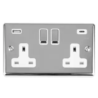 EN2USBCPCW - Eurolite 2 Gang 13Amp Switched Socket with 3&period;1Amp USB Outlets &lpar;1x Type A &plus; 1x Type C&rpar; Polished Chrome with White Trim &lpar;Enhance Range&rpar;