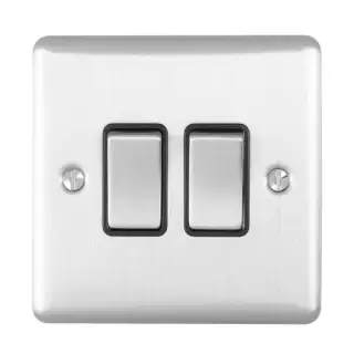 EN2SWSSB - Eurolite 2 Gang 10Amp 2Way Switch Satin Stainless Steel with Black Trim &lpar;Enhance Range&rpar;