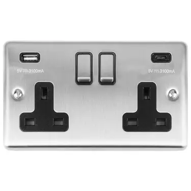 Click Here To Enlarge This Photo Of EN2USBCSSB - Eurolite 2 Gang 13Amp Switched Socket with 3&period;1Amp USB Outlets &lpar;1x Type A &plus; 1x Type C&rpar; Satin Stainless Steel with Black Trim &lpar;Enhance Range&rpar;