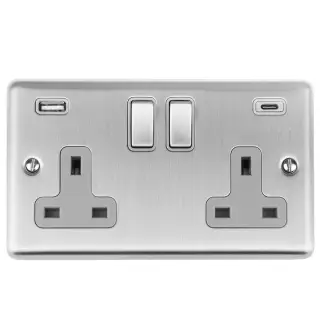 EN2USBCSSG - Eurolite 2 Gang 13Amp Switched Socket with 3&period;1Amp USB Outlets &lpar;1x Type A &plus; 1x Type C&rpar; Satin Stainless Steel with Grey Trim &lpar;Enhance Range&rpar;