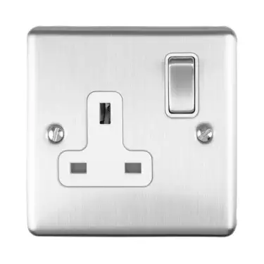 Click Here To Enlarge This Photo Of EN1SOSSW - Eurolite 1 Gang 13Amp DP Switched Socket Satin Stainless Steel with White Trim &lpar;Enhance Range&rpar;