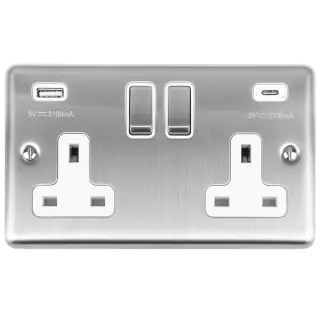 EN2USBCSSW - Eurolite 2 Gang 13Amp Switched Socket with 3&period;1Amp USB Outlets &lpar;1x Type A &plus; 1x Type C&rpar; Satin Stainless Steel with White Trim &lpar;Enhance Range&rpar;