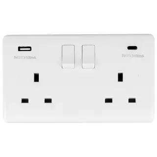 PL4620C - Eurolite Enhance White Plastic 13Amp 2 Gang Switched Socket with USB Outlets &lpar;1x Type A &plus; 1x Type C&rpar;