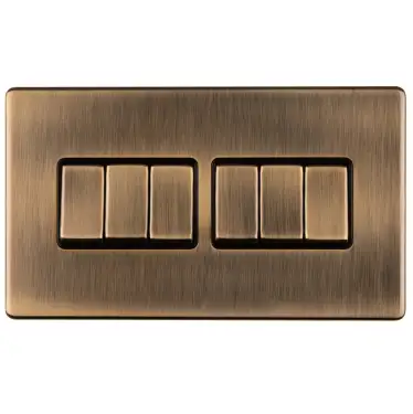 Click Here To Enlarge This Photo Of AB6SWB - Eurolite 6 Gang 10Amp 2Way Switch on 3mm Flat Concealed Antique Brass Plate with Matching Rockers