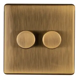 AB2DLED - Eurolite 2 Gang LED Push On&sol;Off 2Way Dimmer on 3mm Flat Concealed Antique Brass Plate with Matching Knobs
