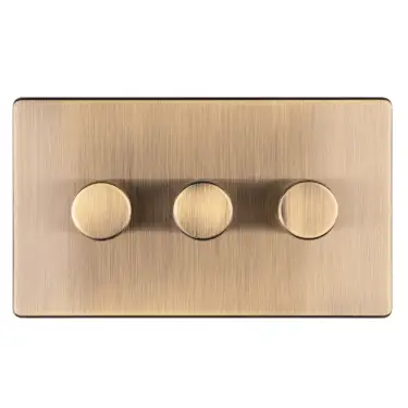 Click Here To Enlarge This Photo Of AB3DLED - Eurolite 3 Gang LED Push On&sol;Off 2Way Dimmer on 3mm Flat Concealed Antique Brass Plate with Matching Knobs