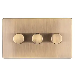 AB3DLED - Eurolite 3 Gang LED Push On&sol;Off 2Way Dimmer on 3mm Flat Concealed Antique Brass Plate with Matching Knobs