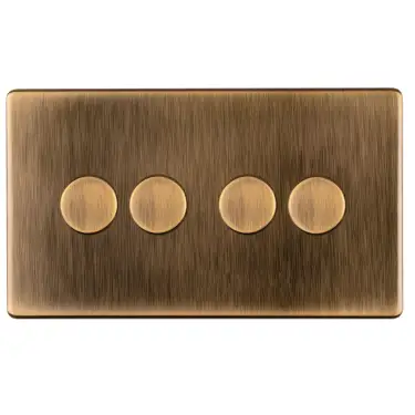 Click Here To Enlarge This Photo Of AB4DLED - Eurolite 4 Gang LED Push On&sol;Off 2Way Dimmer on 3mm Flat Concealed Antique Brass Plate with Matching Knobs