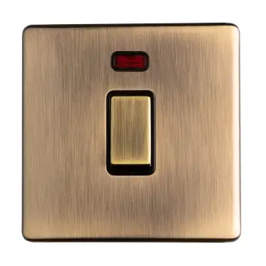 Click Here To Enlarge This Photo Of AB20ADPSWNB - Eurolite 1 Gang 20Amp DP Switch & Neon Indicator on 3mm Flat Concealed Antique Brass Plate with Matching Rocker