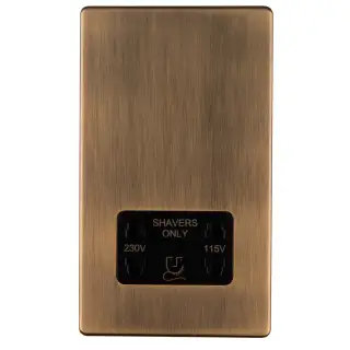 ABSHSB - Eurolite 2 Gang Shaver Socket 230&sol;115V on 3mm Flat Concealed Antique Brass Plate with Black Trim