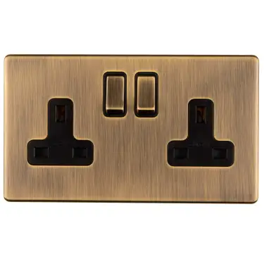 Click Here To Enlarge This Photo Of AB2SOB - Eurolite 2 Gang 13Amp DP Switched Socket on 3mm Flat Concealed Antique Brass Plate with Matching Rockers
