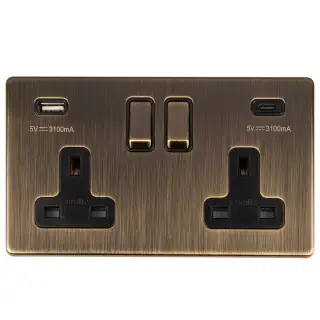 AB2USBCB - Eurolite 2 Gang 13Amp Switched Socket with 3&period;1Amp USB Outlet &lpar;1x Type A &plus; 1x Type C&rpar; on 3mm Flat Concealed Antique Brass Plate with Matching Rockers